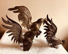 Set of 3 Large Vintage Silver Tone Fighting Cockerels Roosters Figurines