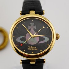 Vivienne Westwood Watch Black Mother of Pearl Orb Dial Gold Swiss - New Battery