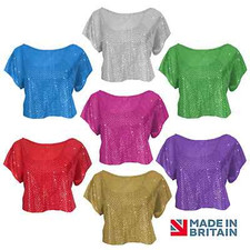 Girls Sequin Top 70s 80s Sparkle Dancewear Fancy Dress, Crop Top UK made