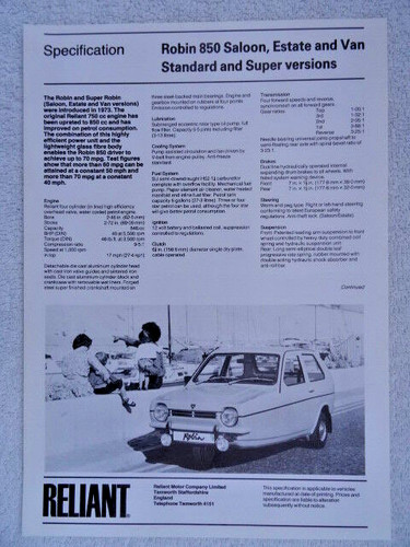 Reliant specification brochure - specification,