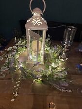 Lantern with Flickering candle rustic white with spring flower wreath
