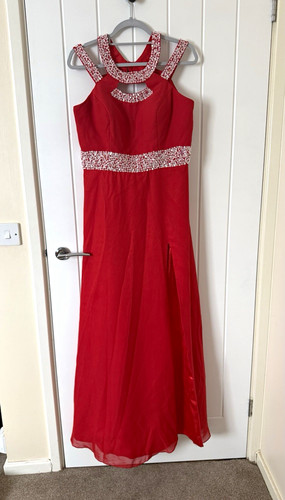 Red chiffon beaded long - chiffon, gown