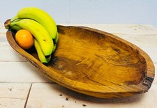 Teak Root Long Bowl 35cm Antique Rustic Kitchen Hand Carved Wood Fruit Food Deco