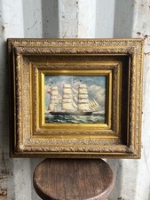 Vintage American Clipper Ship Seascape Print On Board Ornate Gold Frame Hanging