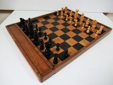 ANTIQUE FRENCH CHESS SET & INTERNATIONAL CHEKERS SET WITH ORIGINAL GAMES BOARD