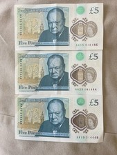 Three 5 Pound Polymer Banknotes all AA Low Numbers.