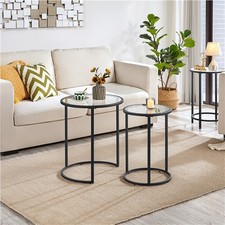 Round Nesting Coffee Table Set, Stacking Sofa Side Table with Glass Top, Black