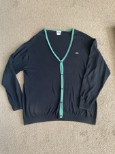 Men’s  Thin Knit Navy and Turquoise Trim LACOSTE V Neck Cardigan fits Chest 48