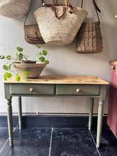 Neat Narrow Console Table Desk Green Pine Hall Table Brass Knobs
