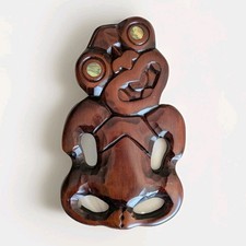 Tiki Maori Wooden Wall Carving Paua Shell Eyes. Large 30 Cm.