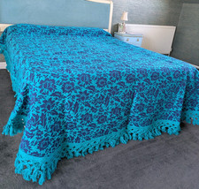 Vintage 1960's Fringed Damask Bedspread Heavy Double Sided Made In Japan 