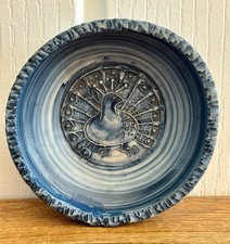 Vintage Shanklin Studio Pottery IOW Tony Bristow Blue Peacock Dish Bowl 4”