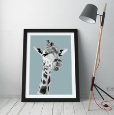 DUCK EGG BLUE GIRAFFE -FLOATER FRAMED WALL ART PICTURE PAPER PRINT- GREY BLUE