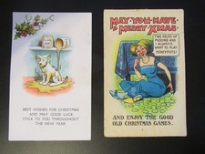 2 early vintage Christma Merry Xmas New Year postcards dog