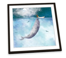 Boat Whale Seascape Bathroom Blue FRAMED ART PRINT Picture Square Artwork