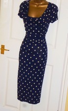 Phase Eight navy white spotted polka dot jersey stretch wiggle party dress sz 12