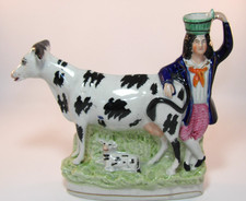 Antique 9 1/2" Staffordshire Flatback Spill Vase Cow Calf & Boy c1860s VGAC
