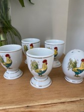 4 Vintage Chicken/Rooster Egg Cups and Rooster Egg Shaped Salt Shaker 