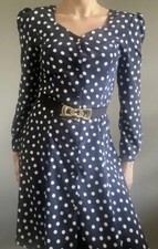 Topshop retro vintage 80s polka dot navy Blue white A-Line Button dress size 12