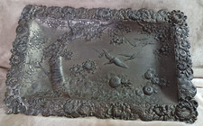 Vintage raised decoration metal tray or plaque bird and floral design