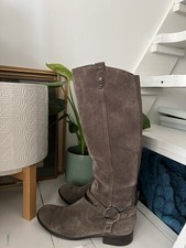 M&S Autograph Suede Flat Knee High Boots Size 5.5 Buckle Biker Brown Mink Taupe