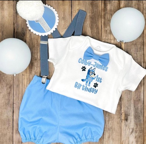 Boy birthday romper blue dog - birthday,