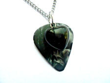 Unusual Black Agate Gemstone Heart  Pendant and Patterned Guitar Pick Necklace