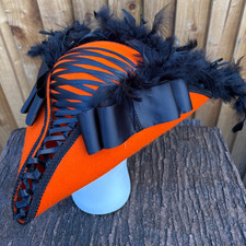 Stunning Orange Black Tricorn Pirate Hat Renaissance Feathers Corset 57cm (20)