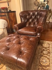 Ralph Lauren Writer's Brown Leather Armchair and Footstool Ottoman