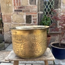 Vintage Metal Planter Brass Effect Stick Coal Bucket Fireside Hammered Handles