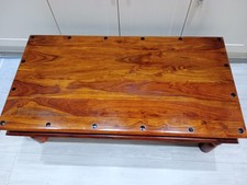 modern Indonesian Hardwood Coffee Table iron work top & corners. VGC