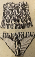 BHS Tankini Set Uk 10 Black/White Padded Bandeau Top Stretchy Bikini Briefs VGC