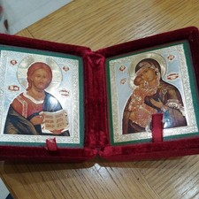WONDERFUL  GREEK ORTHODOX CHRISTIANITY MARY AND JESUS ICON   VELVET RED CASE 