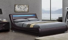 BROWN LEATHER BED ITALIAN DESIGNER LED LIGHTS 4FT6 DOUBLE 5FT KINGSIZE MATTRESS
