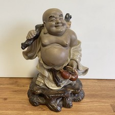 Vintage Chinese Mudman Smiling Buddha, Large Clay Figurine Statue