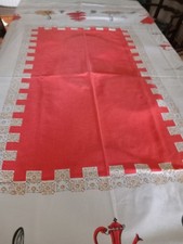 Vintage 50's  Tablecloth 138 X 300 Cm White Red Panel Boarder With Pots Bowls