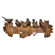 ANTIQUE *BLACK FOREST* CARVING BIRDS ON BRANCH SIGNED WALL PLAQUE KEY HOOK RACK