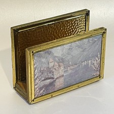 Vtg Swiss Letter Rack Brass Wood With Foiled Pictorial Scene Of Lakes Retro Prop