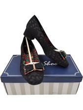 Ruby Shoo Black Floral Patterned Flats with Bow Accent UK6 T2710 SK24