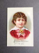 Antique Christmas Greetings Card Curly Haired Boy Silk Cravat Victorian 1870s