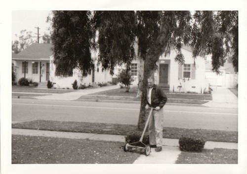 Vintage photo man mowing with - mowing,