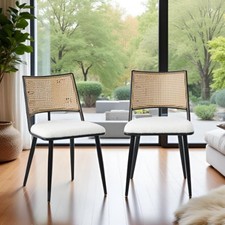 Dining Chairs Set of 2 Mid-Century Kitchen Chair w Rattan Backrest Upholstered 