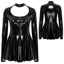 UK Women Leather Pleated Dress Latex Wet Look Sleeveless Mini Dress Clubwear