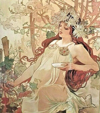 Vintage Repro Poster Alphonse Mucha Automne Art Nouveau Style Woman 1975