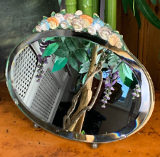 VINTAGE ANTIQUE 1930S OVAL VANITY MANTLE MIRROR PLASTER FLORAL FINIAL 11" x 8"