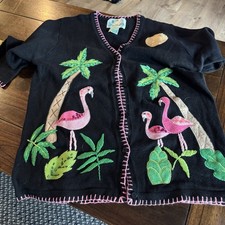 Black Sweater Pink Flamingos Tropical THE QUACKER FACTORY Cotton Blend Sz M C13