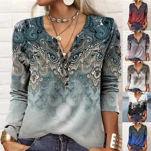 Boho floral neck tunic top - boho, v