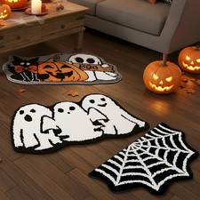 Halloween Bath Absorbent Mat Washable Spider Web Gothic Pumpkins Rugs Non Slip