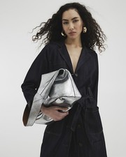 River Island Womens Silver Leather Handbag Bag One Size