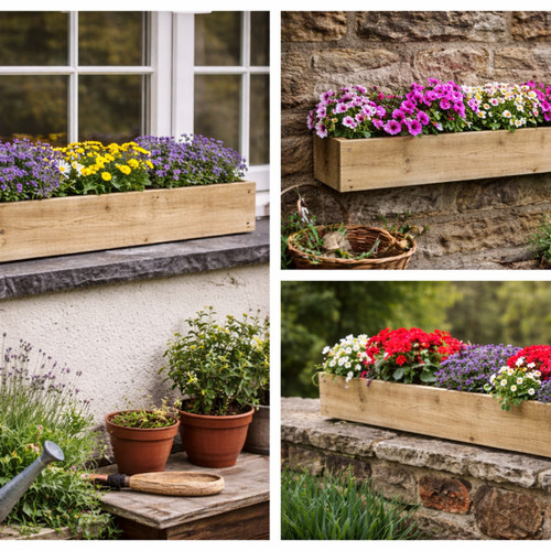 Rough sawn wooden window boxes - window,